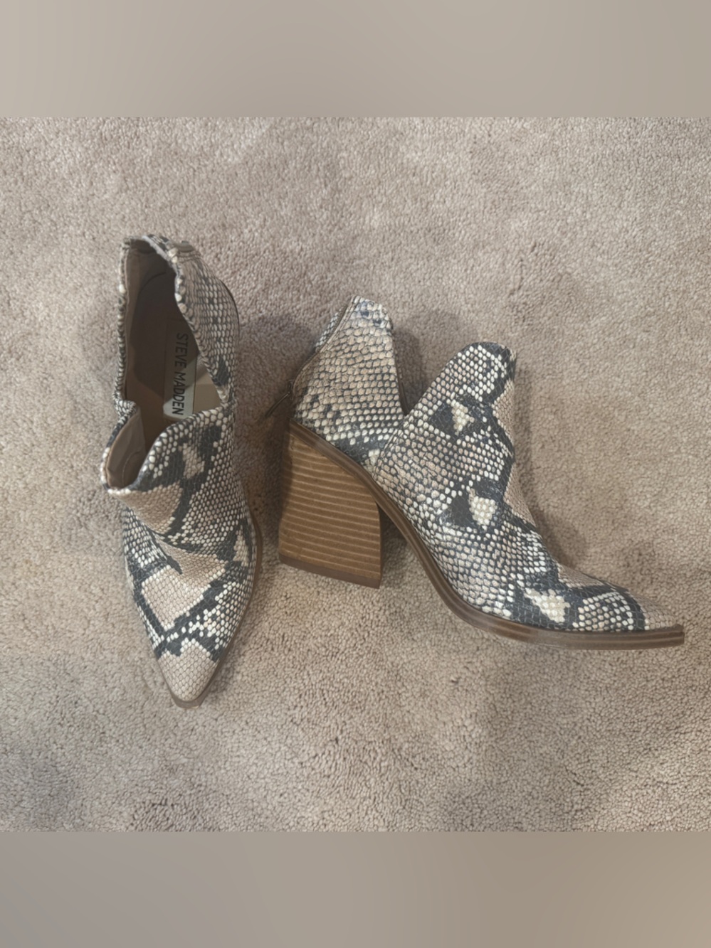 Steve Madden Snake-Print Pointed Toe Block Heel Booties in Beige and Black